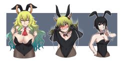 absurdres bare_shoulders before_and_after black_eyes black_hair blush border breast_reduction breasts bunny_girl bunnysuit clare_(erasethismail) cleavage closed_eyes collar dragon_girl erasethismail eye_color_change femsub fishnets hair_color_change horns large_breasts leotard long_hair miss_kobayashi's_dragon_maid multicolored_hair original quetzalcoatl_(maidragon) shrinking simple_background smile transformation
