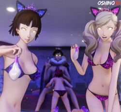 ann_takamaki bikini bikini_bottom bikini_top black_hair blonde_hair brown_hair condom crown fellatio femsub kneeling leopard_print long_hair makoto_niijima maledom middle_finger multiple_girls multiple_subs nude oral oshino3d persona_(series) persona_5 red_hair short_hair suguru_kamoshida sumire_yoshizawa used_condom yellow_eyes