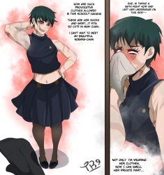  blush clothed crop_top dialogue english_text female_only femsub green_hair jujutsu_kaisen maki_zenin possession red_eyes scars short_hair skirt smell solo text traner9 