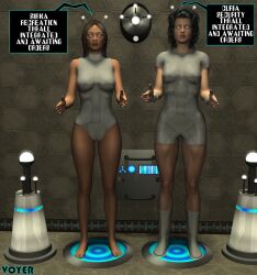 3d antenna barefoot black_hair bodysuit breasts brown_hair female_only femsub large_breasts long_hair multiple_girls standing standing_at_attention tech_control text voyer whitewash_eyes