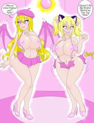 animal_ears bat_wings bimbofication blonde_hair breast_expansion breasts empty_eyes fake_animal_ears female_only happy_trance huge_breasts kobi94 large_hips miniskirt skirt text topless torn_clothes transformation twintails underwear wings