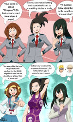 alternate_costume alternate_hairstyle boa_hancock comic dialogue female_only femsub green_hair haruhi_suzumiya hinata_hyuuga long_hair momo_yaoyorozu my_hero_academia naruto_(series) ochaco_uraraka one_piece short_hair syas-nomis text the_melancholy_of_haruhi_suzumiya tsuyu_asui