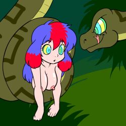 blue_hair bottomless breasts coils dazed femsub hypnotic_eyes kaa_eyes large_breasts long_hair multicolored_hair naomi_(penken) nipples nude open_mouth original p.chronos red_hair snake topless