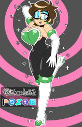  arms_above_head bare_shoulders bellmo_(bellmothegreat) blue_eyes boots breasts brown_hair cartoonzombie cosplay costume eyeshadow feminization genderswap glasses heart high_heels large_breasts makeup original posing rouge_the_bat short_hair sonic_the_hedgehog_(series) spiral_background symbol tagme transformation transgender wink 