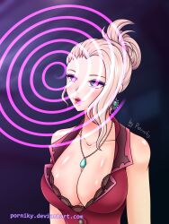  blonde_hair blue_eyes cleavage collarbone earrings empty_eyes eyeshadow female_only femsub final_fantasy final_fantasy_vii large_breasts long_hair makeup necklace porniky scarlet_(ff7) signature simple_background single_hair_bun smile solo spiral 