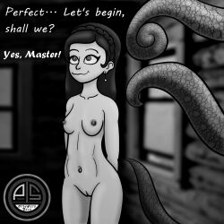 bottomless breasts femsub greyscale happy_trance hypnotic_eyes long_hair monochrome nude open_mouth ordeper_arts original spiral_eyes symbol_in_eyes tentacles text topless