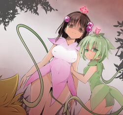 breasts brown_eyes brown_hair corruption empty_eyes erect_nipples femdom femsub flower green_hair happy_trance hypnotized_dom large_breasts monster_girl name_john plant_girl reala short_hair smile tales_of_(series) tales_of_destiny