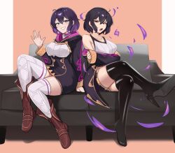 alternate_costume aura bare_shoulders boots breasts cleavage corruption couch crossed_arms crossed_legs dual_persona femsub fire_emblem fire_emblem_awakening grima_(fire_emblem_awakening) high_heels looking_at_viewer morgan_(fire_emblem) nintendo open_mouth possession purple_eyes purple_hair red_eyes short_hair sitting smile thighhighs thighs unhappy_trance zet_(twt_zet)