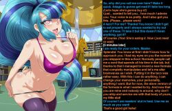 blue_hair bra breasts caption cogbrony empty_eyes equestria_girls femsub glowing glowing_eyes happy_trance huge_breasts large_hips long_hair maledom manip misterman4_(manipper) multicolored_hair my_little_pony panties ponytail sonata_dusk text thighhighs tongue tongue_out underwear undressing