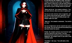  ai_art cape caption cleavage femdom glowing_eyes looking_at_viewer manip pov pov_sub stable_diffusion_(ai) tagme text thighhighs vampire 