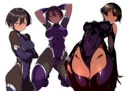 arms_above_head bangs bare_shoulders batta18th blush bodysuit boots breast_press breasts brown_hair empty_eyes femsub fishnets gloves kneeling leotard looking_at_viewer nail_polish opera_gloves orange_eyes original pink_eyes resisting see-through short_hair simple_background taimanin_(series) tan_skin thigh_boots thighhighs white_background