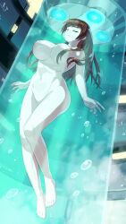 breasts brown_hair closed_eyes dead_or_alive expressionless female_only femsub floating huge_breasts kasumi_(dead_or_alive) large_breasts long_hair nude sleeping solo stasis_tank water yagi2013_(artist)