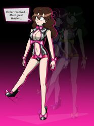 aae bracelet brown_hair clothed earpiece empty_eyes english_text eyeshadow female_only femsub high_heels hy2300 lipstick long_hair mantra nail_polish navel open_mouth original pink_hair robotization shrunken_irises sideboob speech_bubble tech_control text