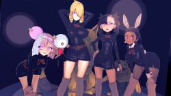 3d arms_above_head belt blonde_hair blue_hair boots bow cuffs cynthia dark_skin drowzee earrings enemy_conversion femsub gloves glowing_eyes hair_covering_one_eye happy_trance heavy_eyelids hypno iono_(pokemon) koikatsu! large_breasts looking_at_viewer lsor_koikatu magnemite marnie_(pokemon) multicolored_hair multiple_girls multiple_subs nemona_(pokemon) nintendo pink_eyes pink_hair pokemon pokemon_(creature) pokemon_diamond_pearl_and_platinum pokemon_scarlet_and_violet pokemon_sword_and_shield ponytail ribbon skirt small_breasts smile standing team_rocket twintails