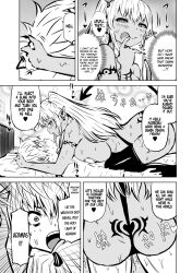 artist_request ayana_nekomori blush body_markings collar comic corruption crotch_tattoo demon_girl earrings elf_ears english_text femsub greyscale huge_breasts necklace official possession ring_eyes tattoo text the_witches_of_adamas thick_thighs thighhighs tongue tongue_out