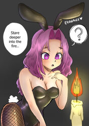  animal_ears breasts bunny_ears bunny_girl bunnysuit candle cleavage dazed empty_eyes eronaise69 female_only femsub fishnets flame hypnotic_fire long_hair open_mouth original pink_hair purple_eyes solo text unaware 