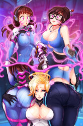  absurdres ass ass_grab blonde_hair bodysuit breasts brown_hair cameltoe cleavage d.va erect_nipples erect_nipples_under_clothes female_only femdom femsub glasses hair_ornament hairpin headphones hmage large_ass large_breasts lip_biting long_hair mei_(overwatch) mercy multiple_girls multiple_subs open_clothes open_mouth overwatch smile spiral_eyes symbol_in_eyes tech_control threesome yuri 