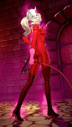  3d absurdres ann_takamaki ass aura blonde_hair blue_eyes breasts catsuit collar empty_eyes eye_mask fake_tail female_only gloves high_heels leotard looking_back onmodel3d persona_(series) persona_5 persona_5_tactica smile solo tech_control thigh_boots twintails whip 