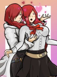  absurdres belt blush breast_grab breasts female_only glowing_eyes heart heart_eyes long_hair mitsuru_kirijo multiple_girls open_mouth persona_(series) persona_3 red_hair selfcest symbol_in_eyes victoriamikoto yuri 
