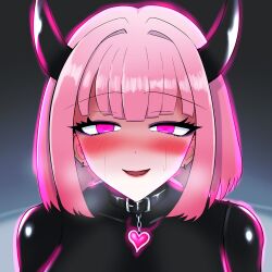  aura blush bodysuit breath collar earrings empty_eyes eye_roll female_only femsub glowing gradient_background happy_trance heart heavy_eyelids horns latex looking_at_viewer makeup original pink_eyes pink_hair rubber short_hair simple_background smile solo sweat toxinpink 