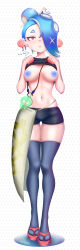  breasts empty_eyes expressionless femsub kronobas28 midriff navel nintendo nipples shirt_lift shiver_(splatoon) splatoon splatoon_raiders thighhighs 