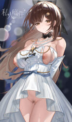 bare_shoulders before_and_after breasts brown_eyes brown_hair censored chinese_text choker cleavage clothed clothed_exposure dress earrings empty_eyes exposed_chest expressionless female_only femsub hair_clips hair_ornament hair_ribbon jewelry kirihara_aki lace large_breasts long_hair nana7mi necklace nipples pubic_hair pussy ribbon solo sparkle text torn_clothes translation_request virtual_youtuber