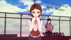 ahoge aware black_hair blue_eyes brown_hair clothed cover cyanstargazer english_text female_only glasses heterochromia long_hair mimi_(cyanstargazer) multiple_girls original red_eyes short_hair symbol_in_eyes text