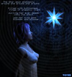 3d blue_eyes clothed crystal drool female_only femsub glowing night nightgown original purple_hair short_hair standing standing_at_attention text voyer