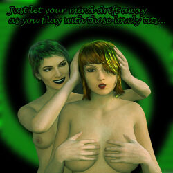 3d bottomless breasts empty_eyes female_only femdom green_hair large_breasts nude original spiral text theheckle topless yuri