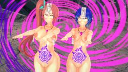  3d blue_hair bottomless breasts character_request collar collarbone crotch_tattoo custom_maid_3d_2 erect_nipples erect_nipples_under_clothes female_only femsub hair_ornament large_breasts multiple_girls multiple_subs nipple_piercing nude piercing pussy_juice red_hair short_hair side_ponytail spiral spiral_background standing talisman tattoo text topless white_hair wide_hips yaaya_aya zombie_walk 