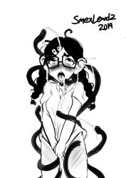 ahegao black_hair brain_injection breasts buck_teeth cum ear_sex eye_roll female_only femsub glasses long_hair open_mouth original smexlewdz tentacles tongue tongue_out twintails
