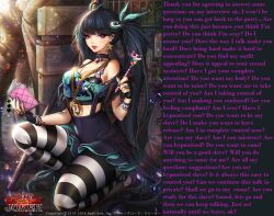 black_hair bra caption caption_only choker earrings femdom hypsubject_(manipper) jewelry kneeling looking_at_viewer manip midriff necklace pantyhose pov pov_sub purple_eyes skirt text thighhighs tights twintails underwear witch