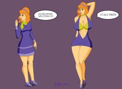 abs ass_expansion before_and_after bimbofication breast_expansion breasts choker cleavage daphne_blake dialogue female_only femsub hair_band huge_breasts large_lips lip_expansion midriff puckered_lips red_hair scooby-doo_(series)  solo starloco text western