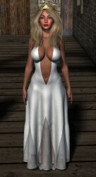 3d absurdres bare_shoulders blonde_hair blue_eyes breasts cleavage collarbone dress expressionless female_only femsub high_heels huge_breasts jennifer_burke long_hair member9 navel original red_lipstick solo standing standing_at_attention