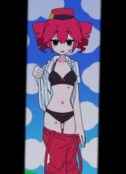 black_eyes blush bow bra breasts dazed drill_hair empty_eyes erect_nipples hat mesmerizer_(vocaloid) navel nazonobasho open_mouth panties red_hair short_hair sweat teto_kasane twintails underwear undressing vocaloid