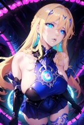  absurdres ai_art bare_shoulders blonde_hair blue_eyes breasts dress durandal earrings expressionless femsub gloves glowing glowing_eyes honkai_impact_3rd large_breasts lipstick long_hair necklace night purple_lipstick skirt spiral video_game xftriber 