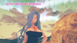 aware blue_eyes blue_hair breasts clothed dialogue drasna_(pokemon) dress english_text female_only karen_(pokemon) mustardsauce pokemon pokemon_(anime) text
