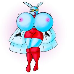  blue_skin breasts bug_girl drone fake_breasts female_only femsub huge_breasts hyper_breasts moth_girl open_mouth original sasirre solo spiral_eyes standing symbol_in_eyes tech_control topless western 