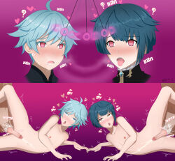  absurdres ahegao anal bare_shoulders before_and_after blue_hair blush chongyun_(genshin_impact) coin collarbone cum cum_in_ass drool femboy genshin_impact heart heart_eyes lying male_only malesub multiple_subs navel nipples open_mouth orgasm pendulum pink_eyes purple_background short_hair simple_background spiral spiral_eyes spread_legs tears text tongue tongue_out translation_request veisan86 xingqiu_(genshin_impact) yaoi 