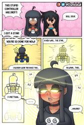  accidental_hypnosis ahoge angry black_hair blush choking clothed comic dialogue drool dumbskull earrings english_text eye_color_change eyebrows_visible_through_hair eyeshadow femsub game_controller glasses glowing_eyes halo heavy_eyelids hoodie humor jessie_(dumbskull) long_hair makeup mario_kart_(series) mole nintendo open_mouth original shirt skull speech_bubble super_mario_bros. sweater symbol_in_eyes tears tongue_piercing valerie_(dumbskull) video_game yellow_eyes 