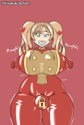 ass bodysuit breasts brown_hair bulge female_only femsub futa_only futanari futasub granblue_fantasy happy_trance heart huge_breasts latex meat_corp null_bulge rubber smile spiral_eyes standing symbol_in_eyes thick_thighs twintails uniform usakiki zeta_(granblue_fantasy)