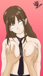  absurdres bare_shoulders breast_grab breasts brown_hair cassandra_(nominddetected) cleavage collarbone doll expressionless femsub large_breasts long_hair maledom navel nominddetected original pov pov_dom simple_background sketch skirt standing tie unaware watermark white_eyes whitewash_eyes 