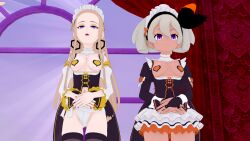 3d bandana bea_(pokemon) bedroom blonde_hair breasts dark_skin earrings empty_eyes expressionless female_only femsub gloves hair_band headdress heart heart_pasties large_breasts lipstick long_hair maid maid_headdress multiple_girls multiple_subs nail_polish nintendo oleana_(pokemon) opera_gloves pasties pokemon pokemon_sword_and_shield purple_eyes red_lipstick short_hair silver_hair standing standing_at_attention thighhighs twintails uto