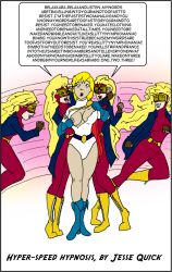  bare_legs bimbofication blonde_hair bodysuit caption cleavage dc_comics expressionless femdom femsub jenni_e jesse_quick large_breasts legs leotard long_hair power_girl sketch subliminal super_hero superman_(series) text tights torn_clothes traditional very_long_hair western 