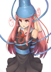 absurdres arms_behind_back bondage brain_injection breasts drool femsub gloves heart heart_eyes long_hair open_mouth opera_gloves original oruka_(kamituki0827) pink_hair red_eyes small_breasts symbol_in_eyes tears tentacles text twintails