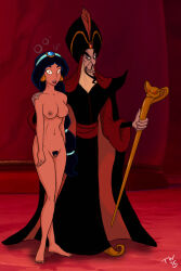 aladdin_(series) black_hair bottomless breasts collar dark_skin disney earrings expressionless femsub glowing glowing_eyes harem_outfit hat hypnotic_eyes jafar jewelry large_breasts long_hair magic magic_wand magician maledom nude open_mouth princess princess_jasmine pubic_hair red_eyes staff standing standing_at_attention topless trishbot western