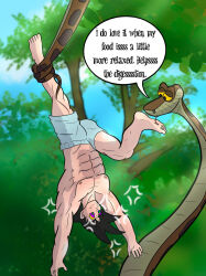 abs bare_legs barefoot black_hair dialogue disney dragon_ball dragon_ball_z foot_licking goku hanging_down happy_trance kaa kaa_eyes male_only maledom malesub manvillageart muscle_boy navel nipples outdoors short_hair shorts smile sparkle speech_bubble text the_jungle_book topless underwear yellow_sclera