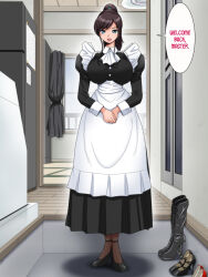  artist_request blue_eyes breasts brown_hair cleavage comic dialogue female_only femsub happy_trance hard_translated high_heels huge_breasts long_hair m-style maid pantyhose rokujouma_no_meshitsukai_2 shiho_(m-style) skirt smile solo text translated 
