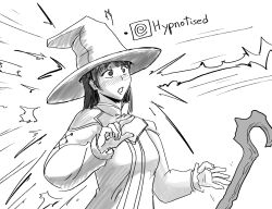  black_eyes black_hair blush clothed defeated female_only femsub final_fantasy final_fantasy_xiv gameplay_mechanics hat long_hair magic majinsfw simple_background solo spiral_eyes staff suit surprised white_background witch_hat 