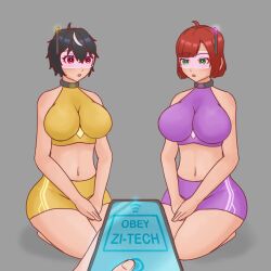  black_hair breasts collar everes_(zires) expressionless femsub glowing green_eyes kneeling navel open_mouth original red_eyes red_hair remote_control short_hair sonia_(the_goddess_sonia) tech_control thighs visor zi-tech_(zires) zires 